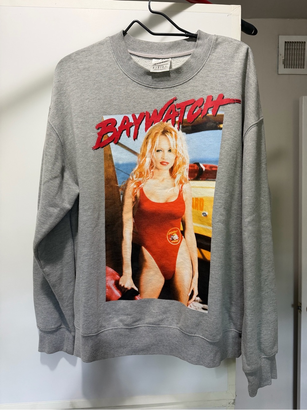 Baywatch Graphic Crewneck Sweatshirt - Gray with Red Print